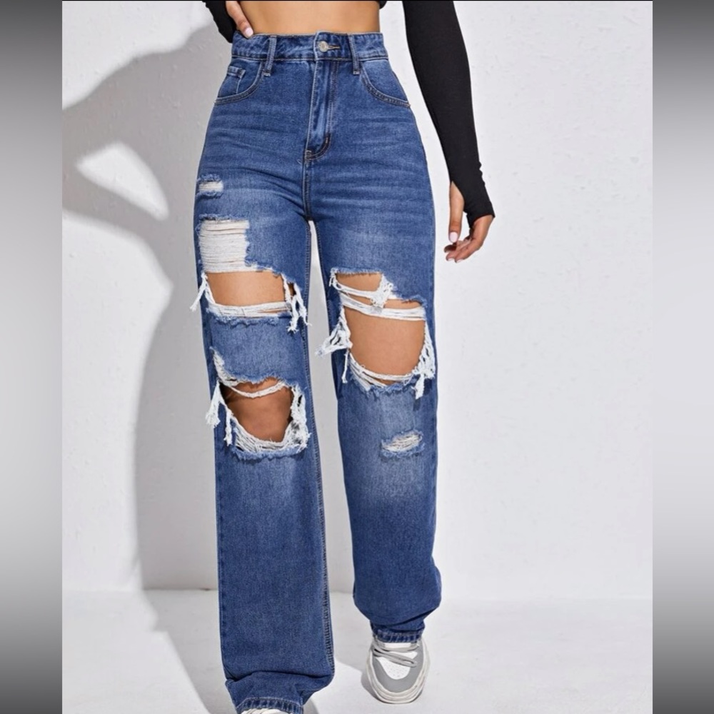 Ripped straight leg jeans